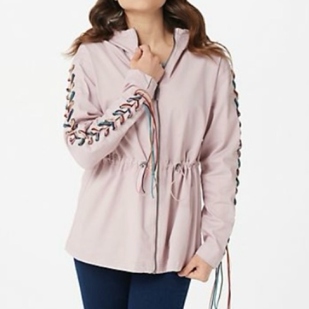 Peace Love World Jacket Zip Braided Sleeve Hooded Pockets Pink Small Bohemian